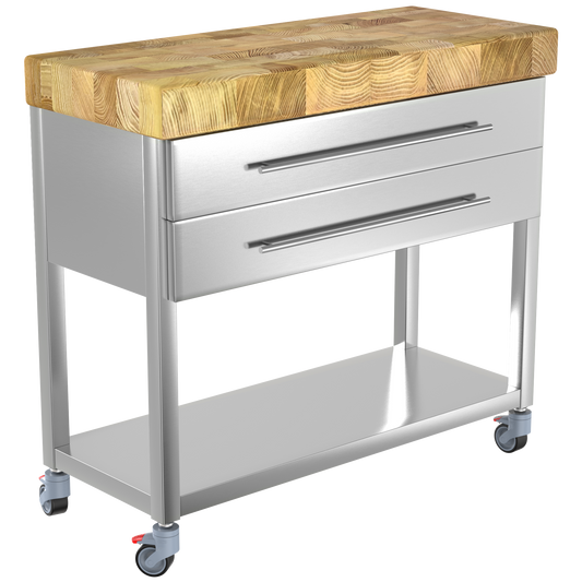 Keukentrolley industrieel met houten hakblok op wielen met frame van RVS