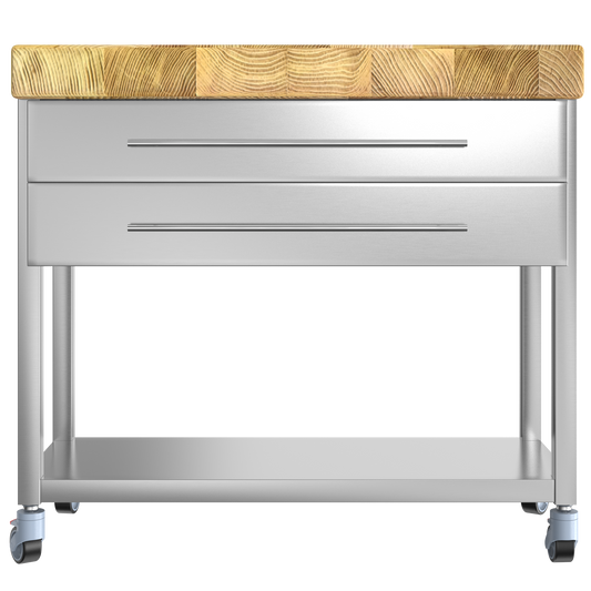 Keukentrolley industrieel met houten hakblok op wielen met frame van RVS