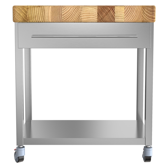 Keukentrolley met houten hakblok op wielen met frame van RVS