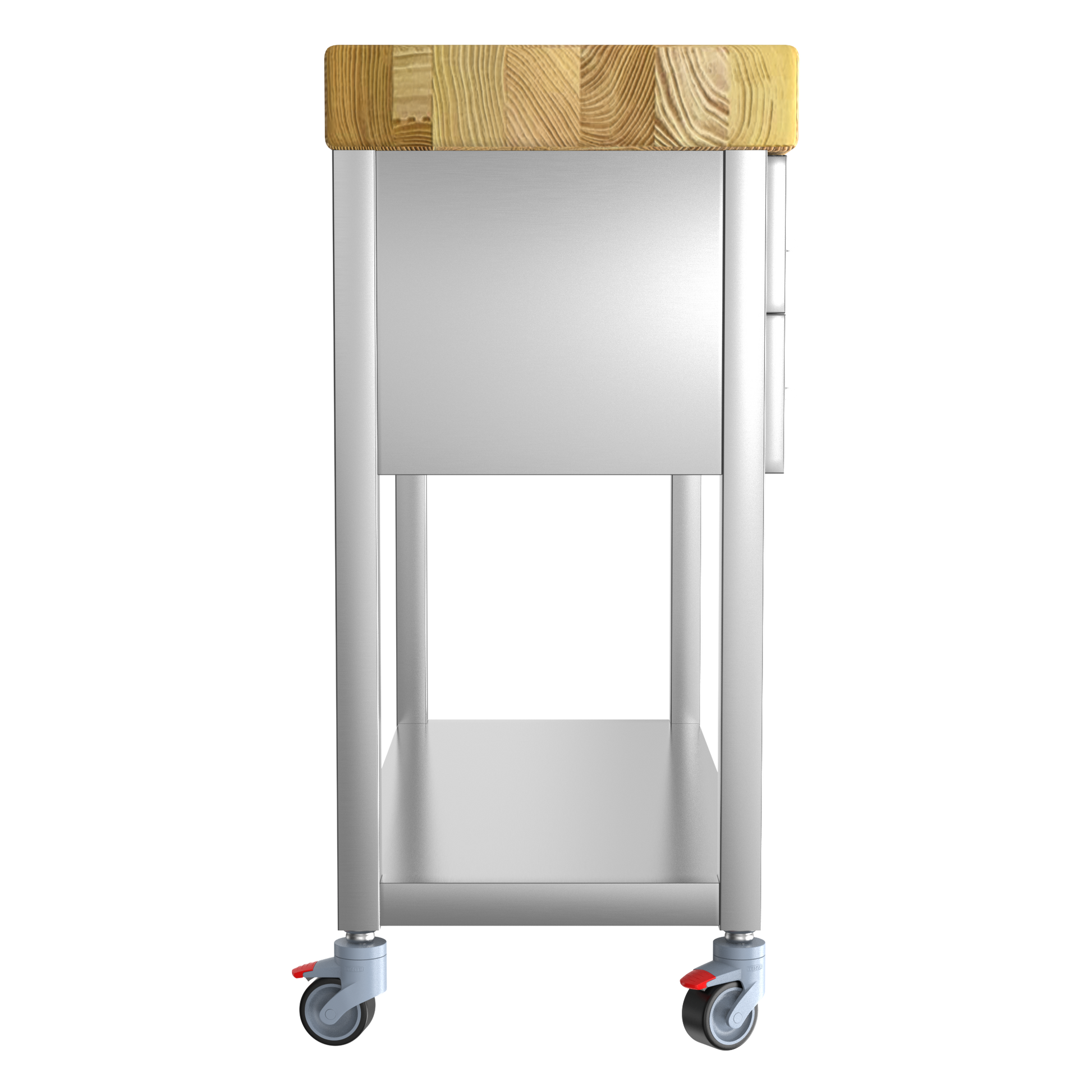 Keukentrolley industrieel met houten hakblok op wielen met frame van RVS