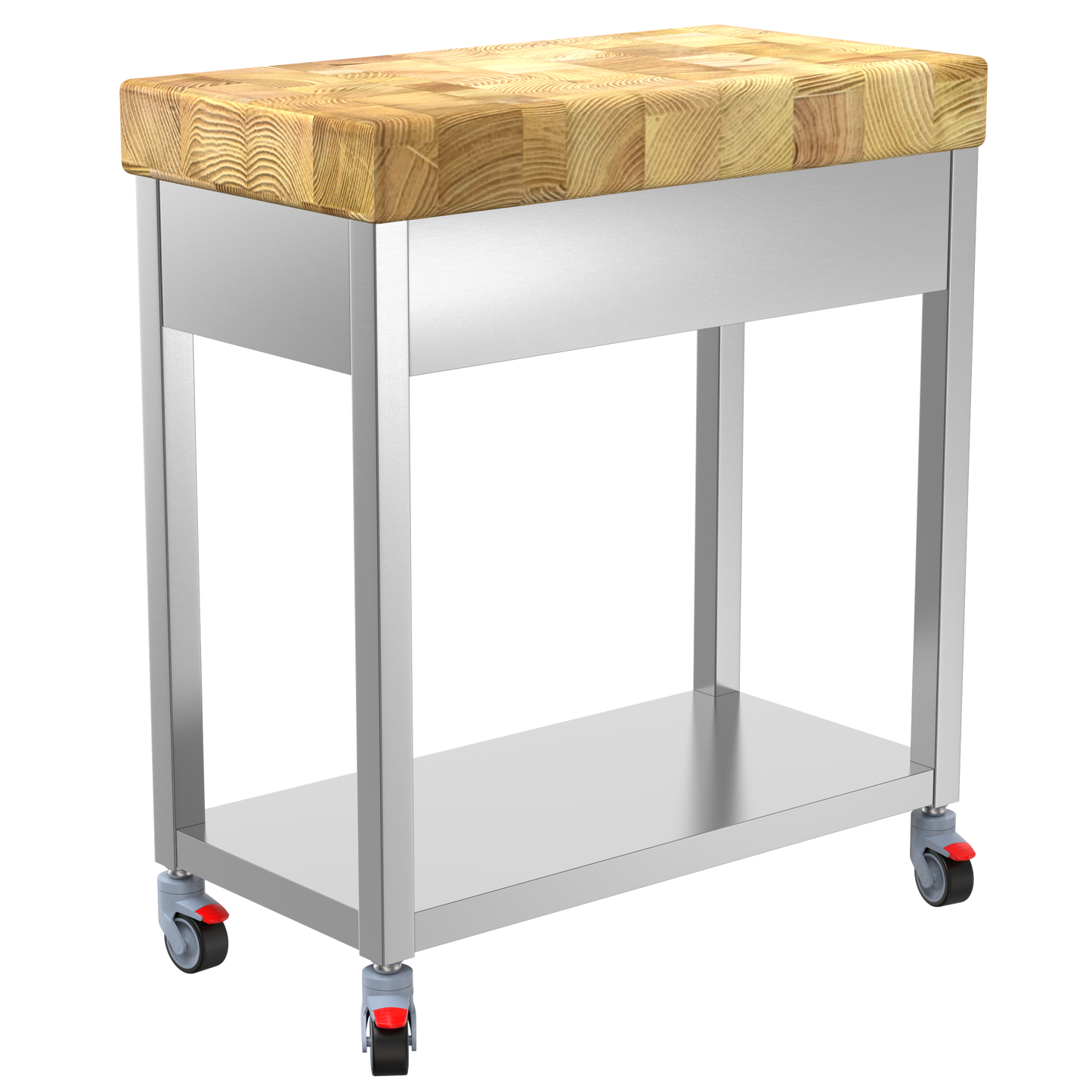 Keukentrolley met houten hakblok op wielen met frame van RVS
